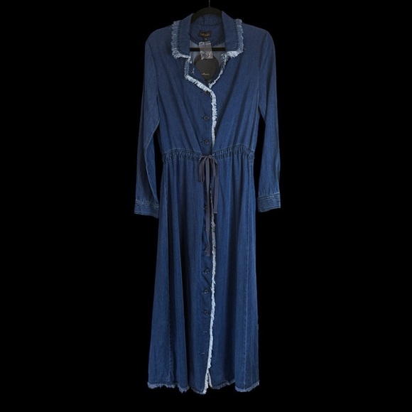 Metallic Blue Denim Maxi Dress Fringe Edging Full Front Button Down Tie Waist - Picture 2 of 9